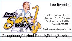 Lee Kramka's Sax Worx Business Card - Grafix by Marc Miyashiro http://www.Grafix9000.com