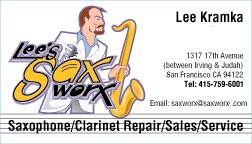 Lee Kramka's Sax Worx Business Card - Grafix by Marc Miyashiro http://www.Grafix9000.com